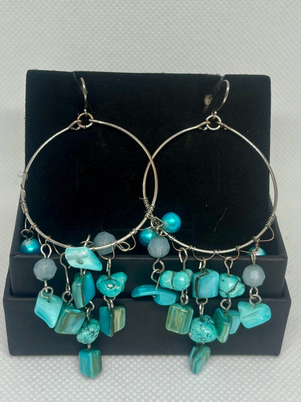Turquoise Tone Beaded Hoop Dangle Earrings